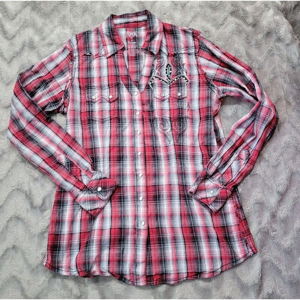 Wrangler Rock 47 Womens M Red Plaid Western Y2K Style L/S Jewel Snap Shirt